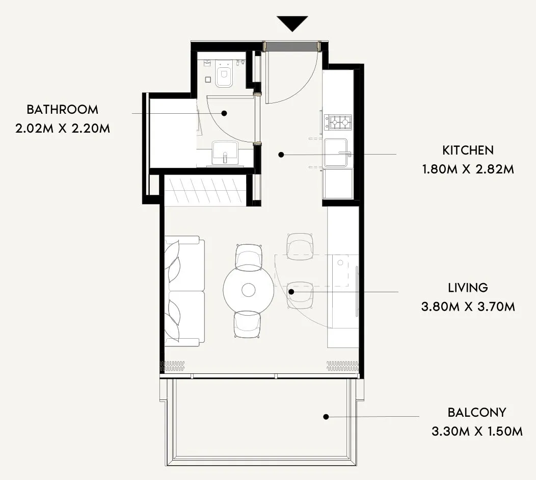 Azizi Wares Studio floor plan, 332 sqft