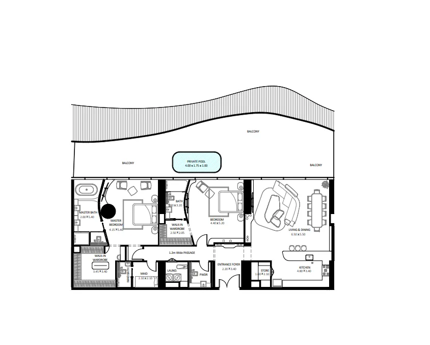 Bugatti Residences by Binghatti 2 bed floor plan, 3,088 sqft
