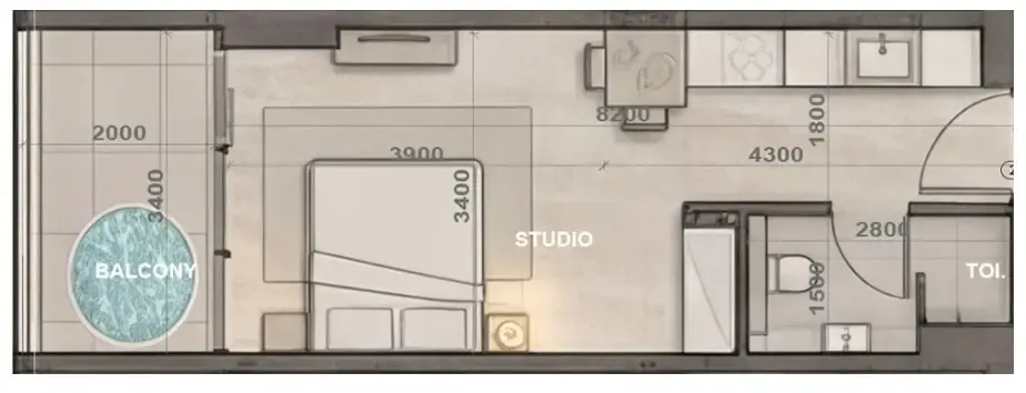 Sky Harmony Studio floor plan, 394 sqft