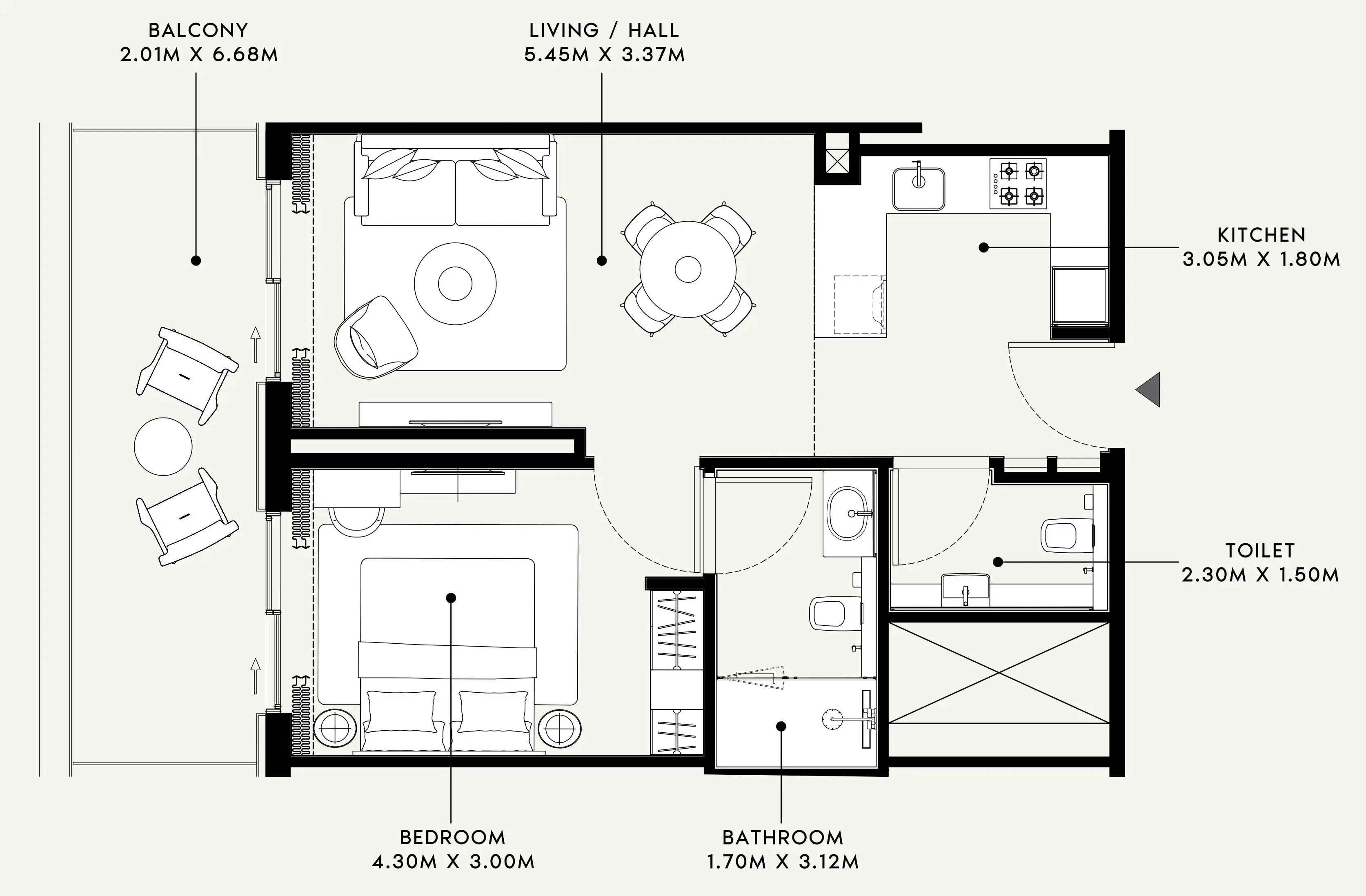Azizi Venice 1 bed floor plan, 742 sqft