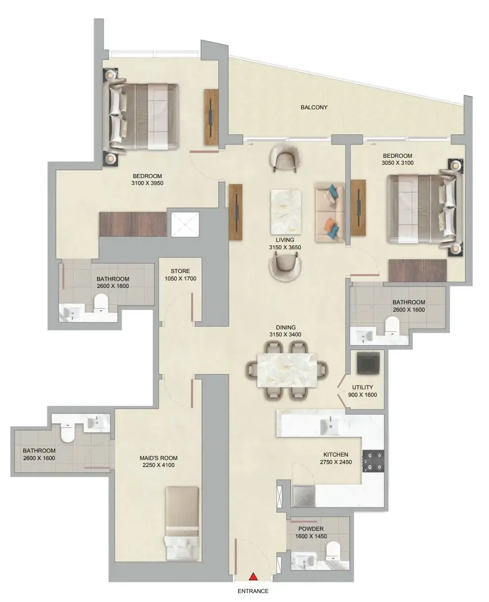 The Serene at Sobha Central 2 bed floor plan, 1,353 sqft
