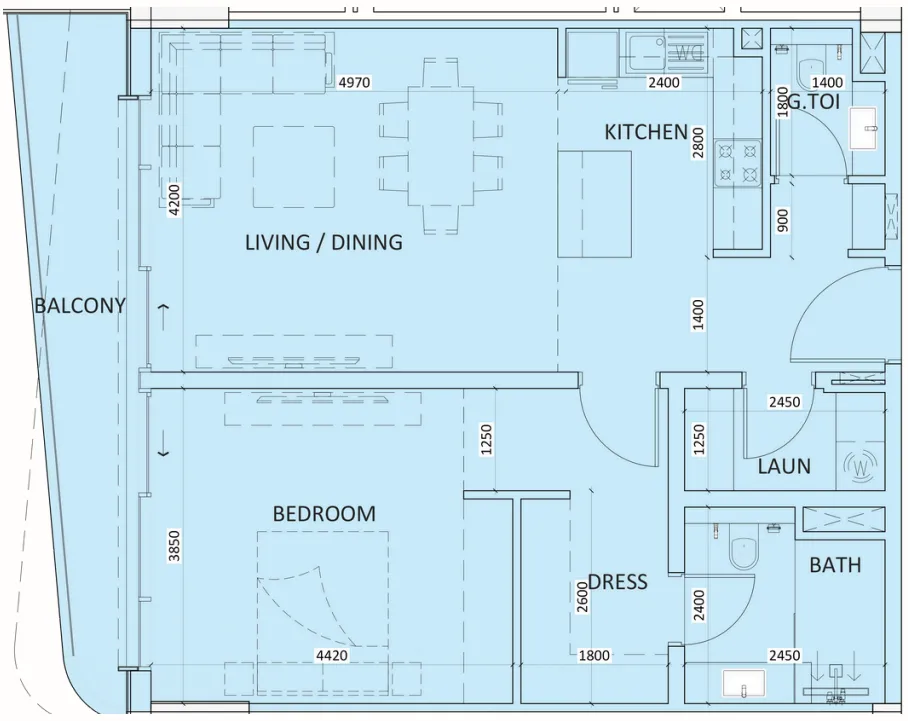 Luzora Residence 1 bed floor plan, 933 sqft