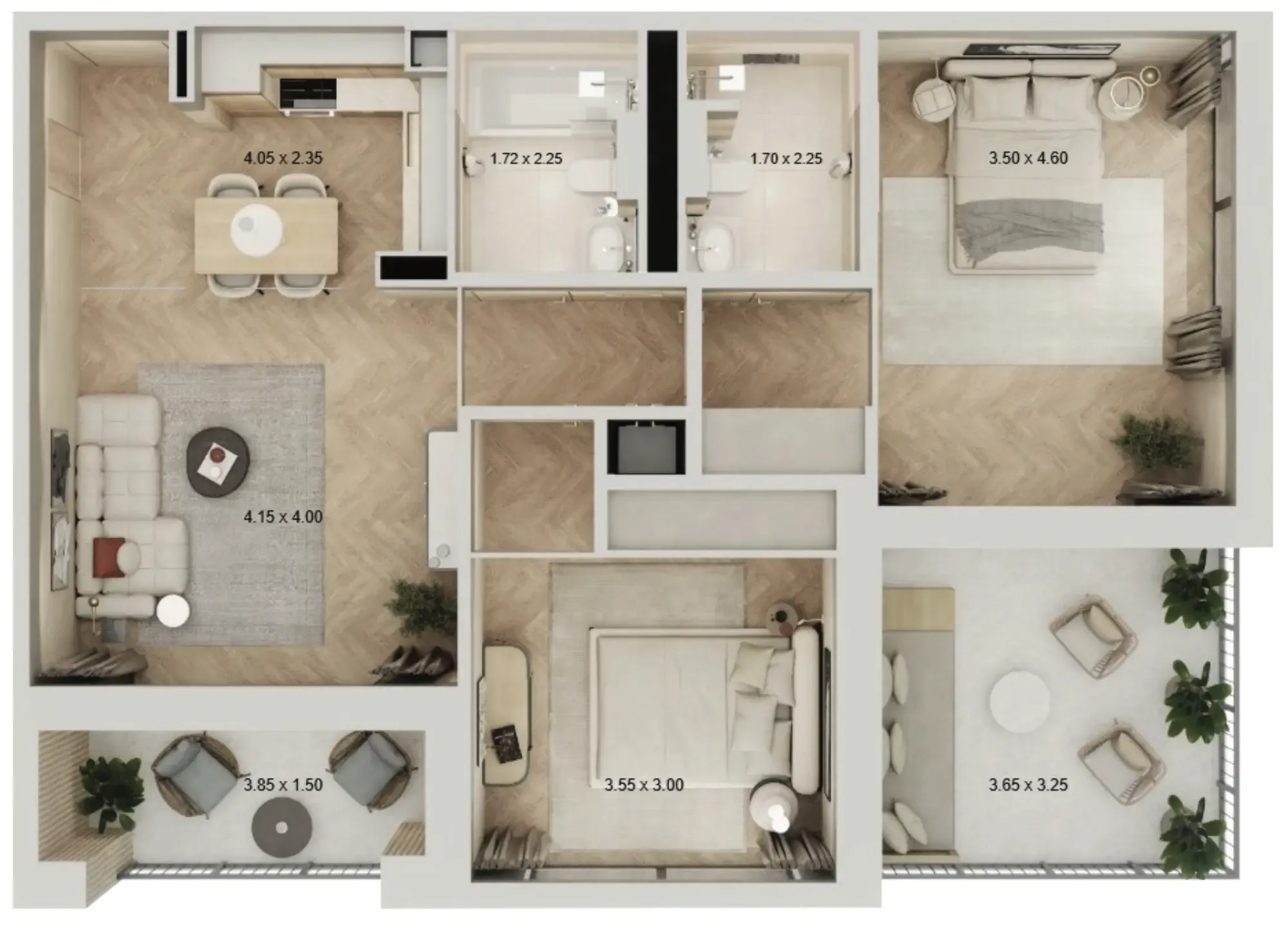 Arisha Terraces 2 bed floor plan, 1,035 sqft