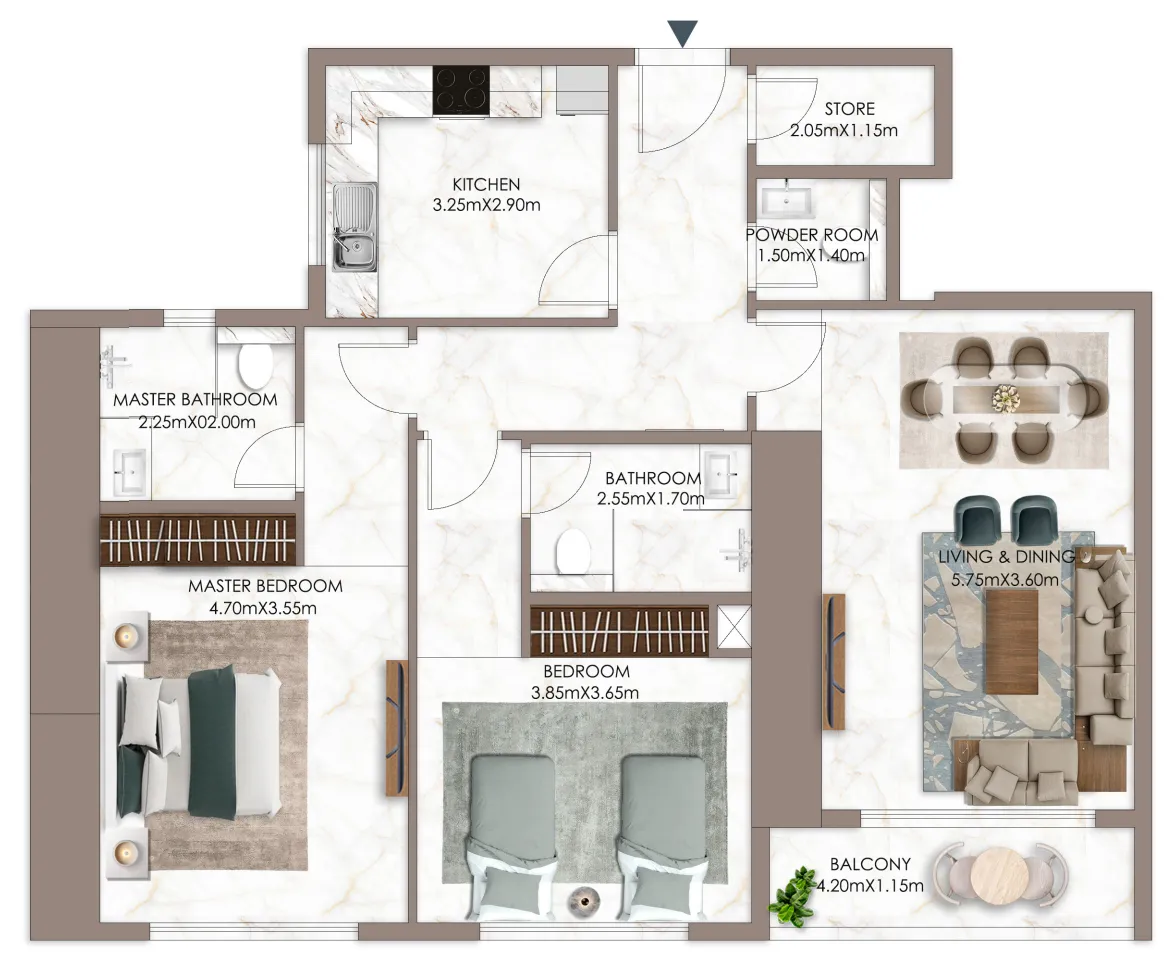 Sky Gardens Tower 2 bed floor plan, 1,607 sqft