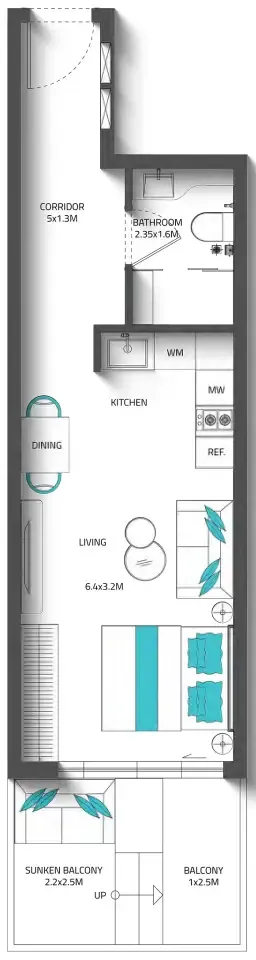Reef 996 Studio floor plan, 457 sqft