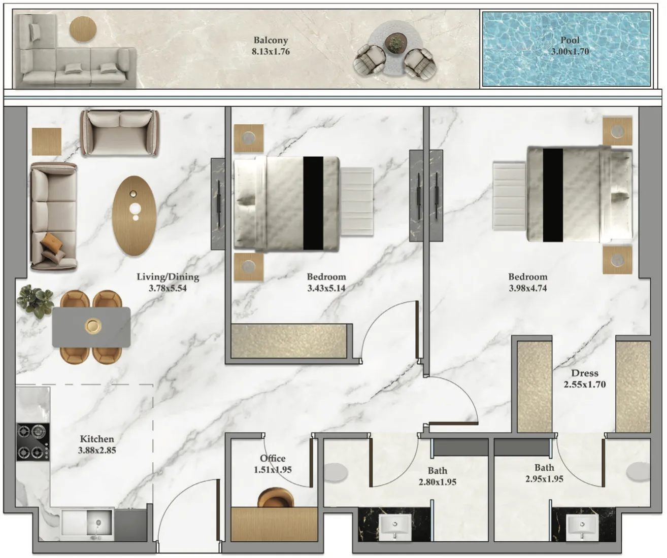 Bayz 102 2 bed floor plan, 1,127 – 1,209 sqft