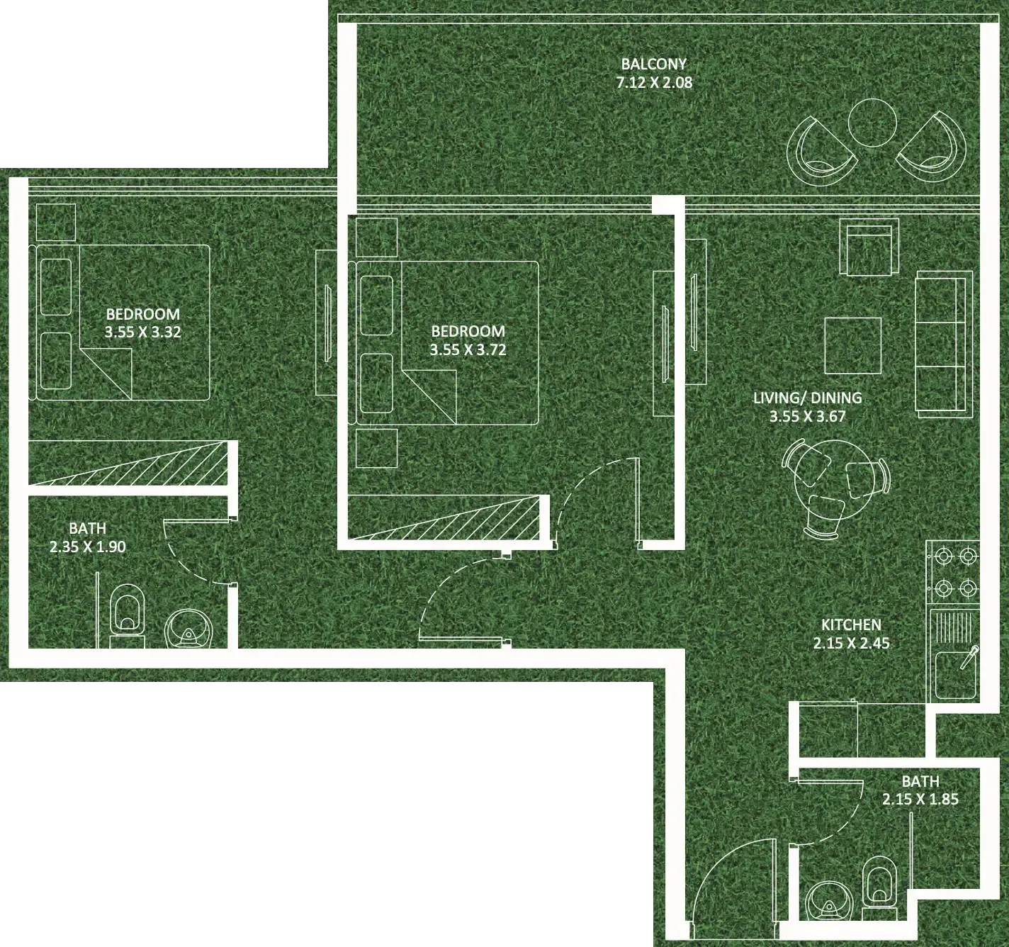 Sportz 2 bed floor plan, 847 sqft