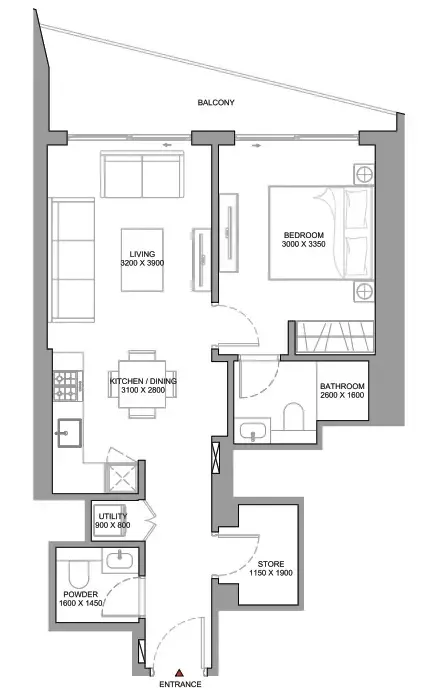 The Serene at Sobha Central 1 bed floor plan, 691 sqft