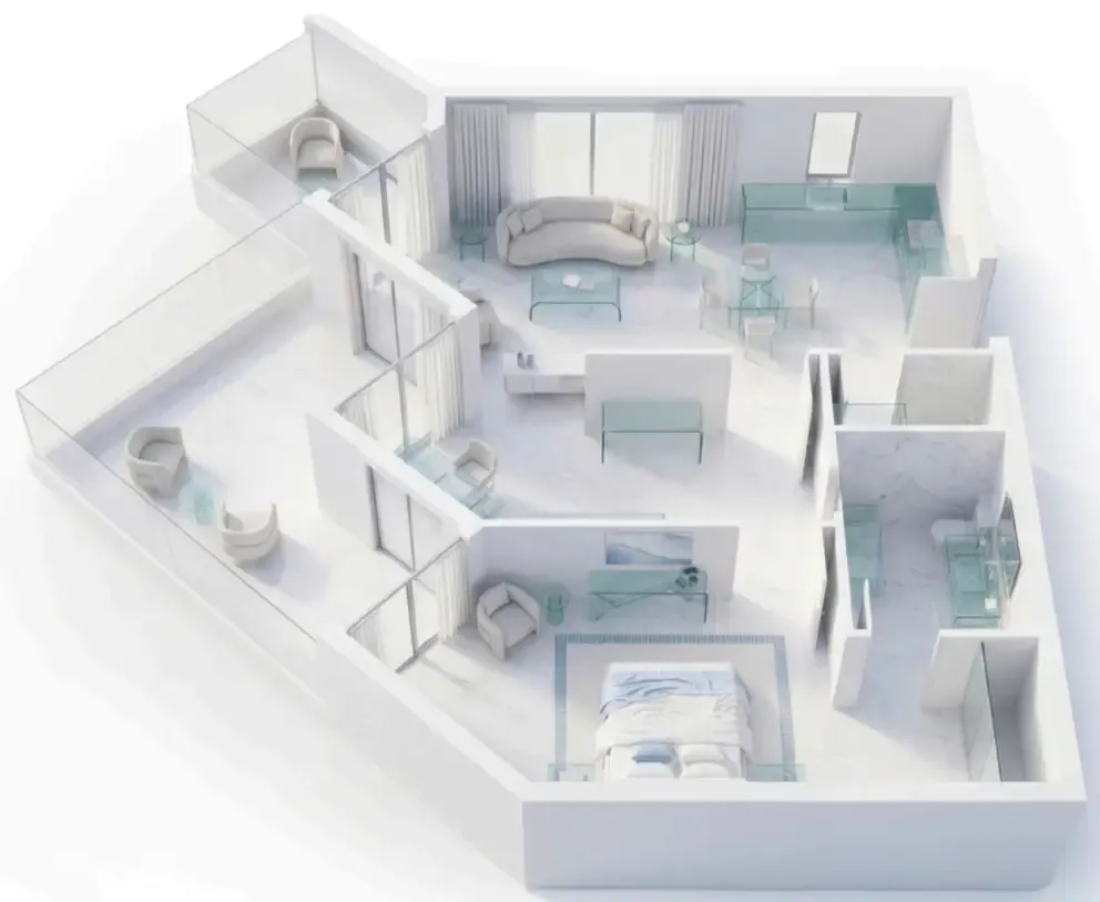 Ice Beach 1 bed floor plan, 877 sqft