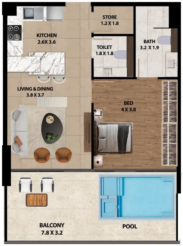 Marquis One 1 bed floor plan, 904 sqft