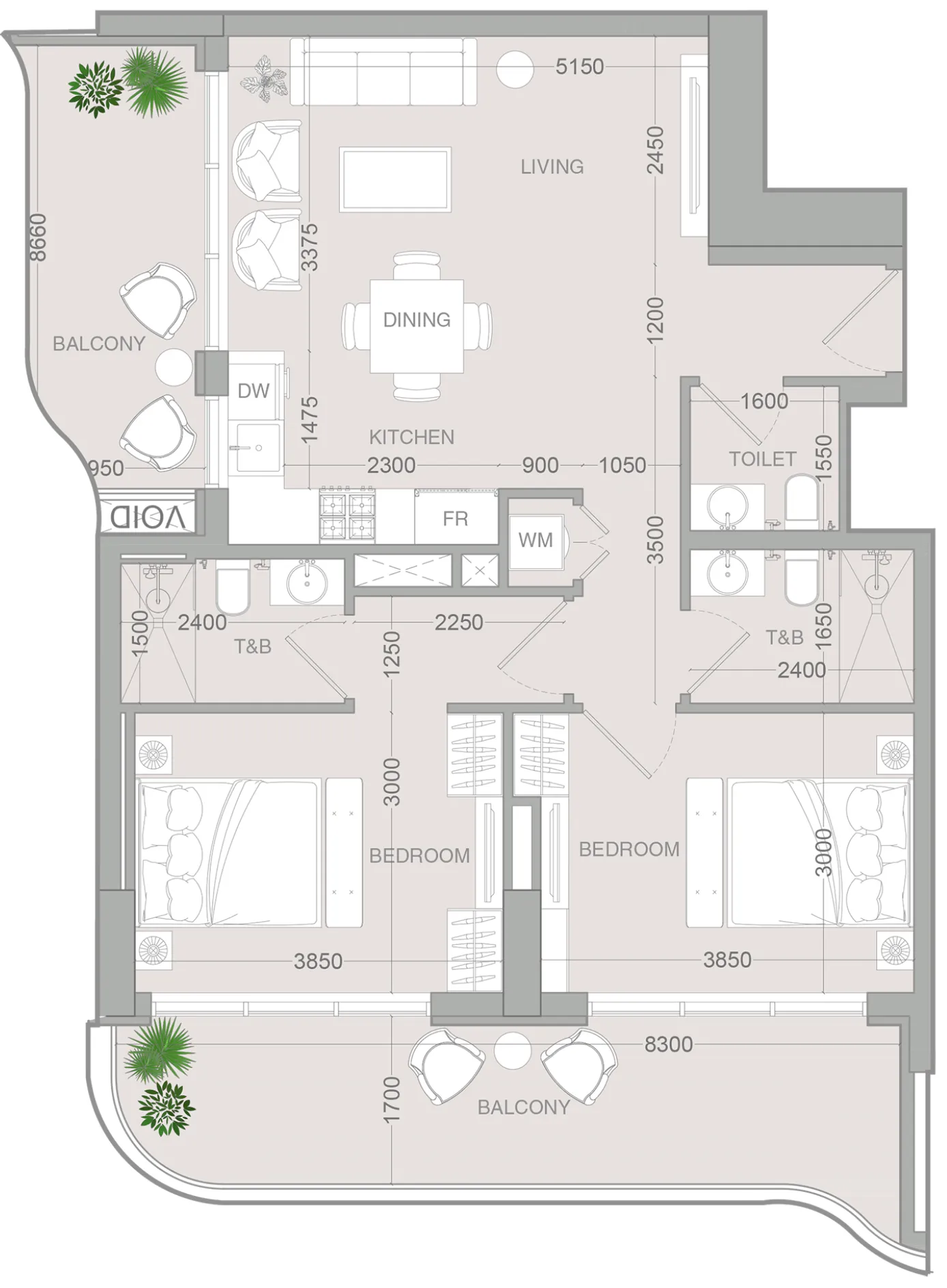 ALTA V1EW 2 bed floor plan, 1,169 sqft