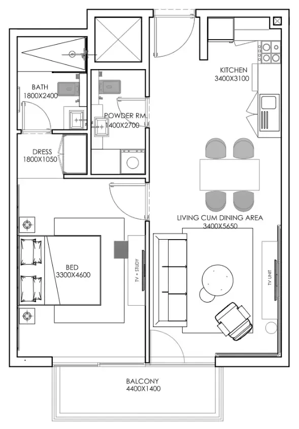 Concept 7 Residences 1 bed floor plan, 710 sqft
