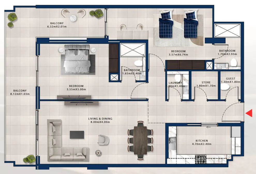 Asayel Avenue 2 bed floor plan, 1,613 sqft
