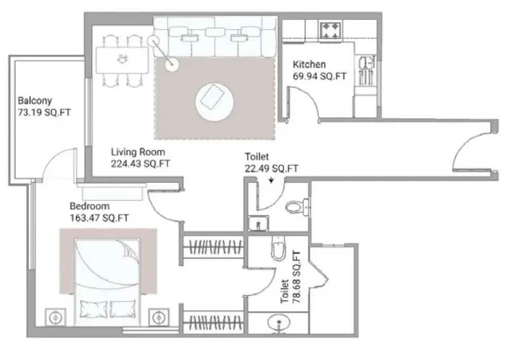 Ajman Creek Towers 1 bed floor plan, 1,111 sqft