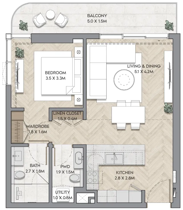 Nura 1 bed floor plan, 784 – 847 sqft