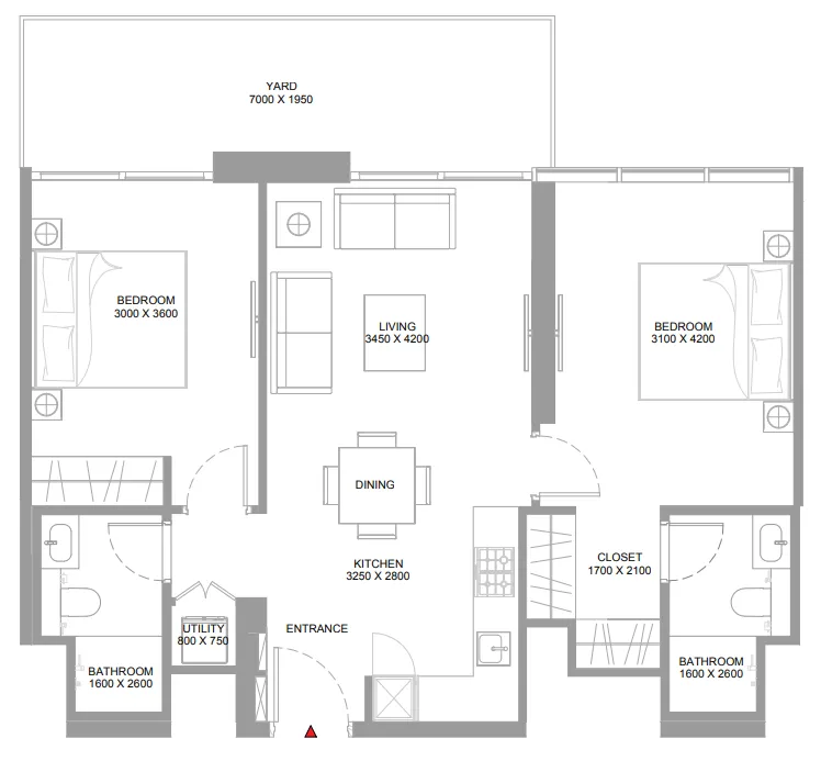 Pristine Beach Residences 2 bed floor plan, 922 sqft
