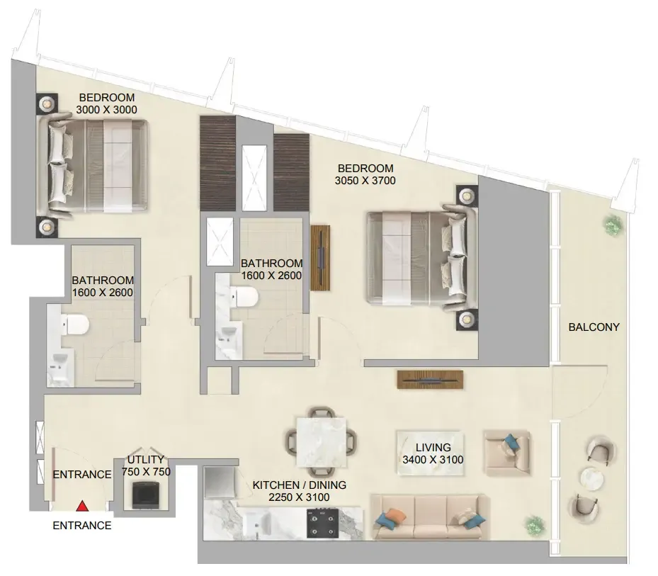 The Mirage at Sobha Central 2 bed floor plan, 875 sqft
