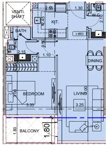 Binghatti Cullinan 1 bed floor plan, 702 sqft