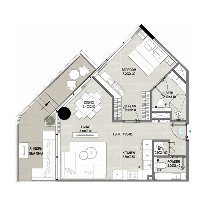 Reef 1000 1 bed floor plan, 833 sqft