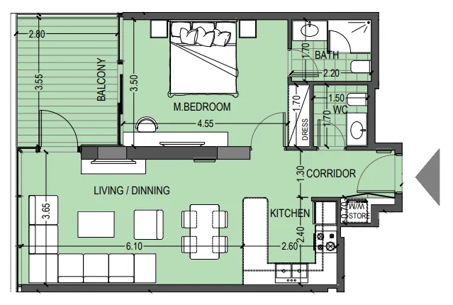 Celia Gardens 1 bed floor plan, 789 sqft