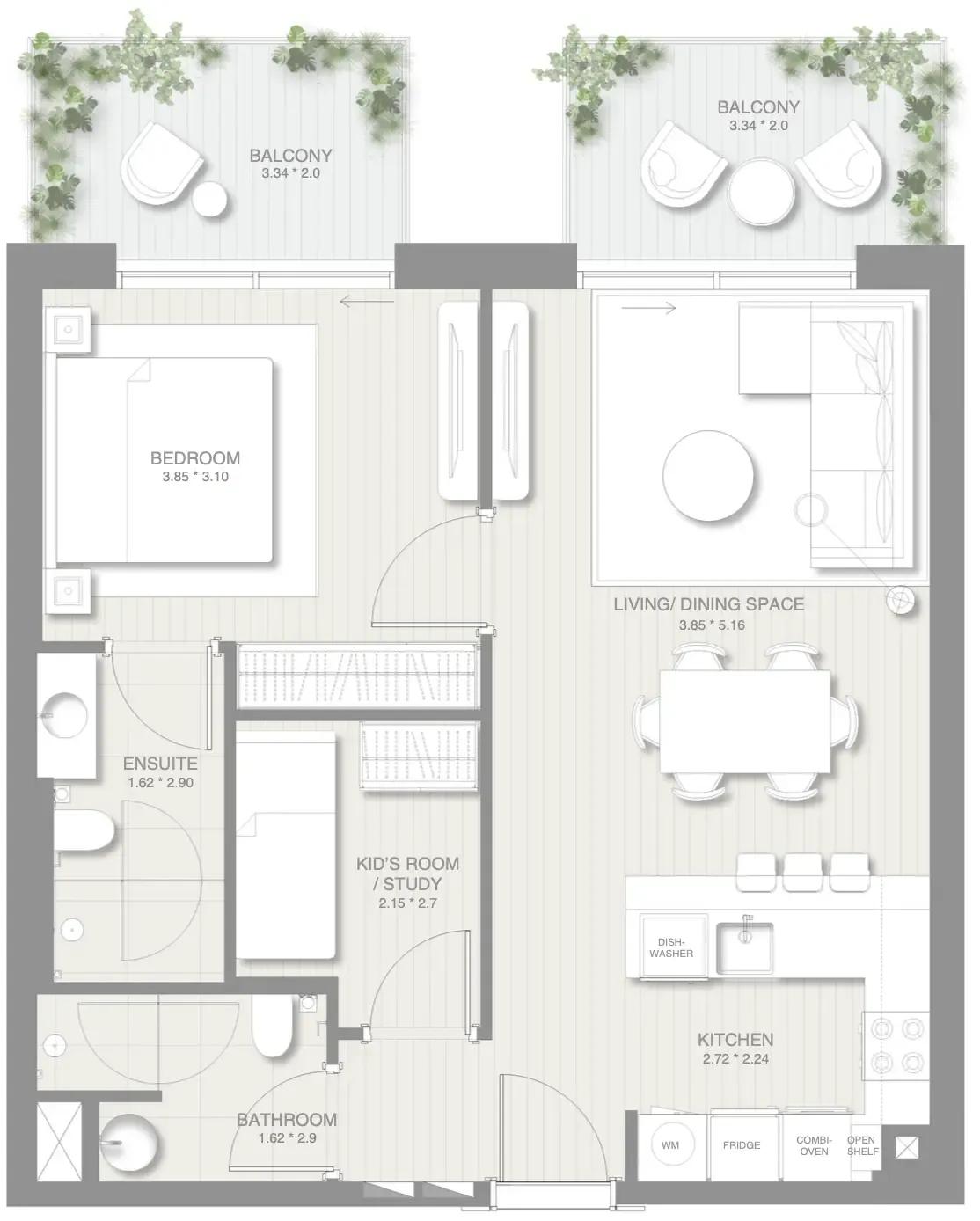 Sol Levante 1 bed floor plan, 843 sqft