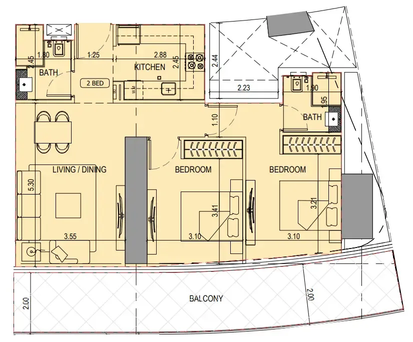 Binghatti Sky Terraces 2 bed floor plan, 1,098 sqft