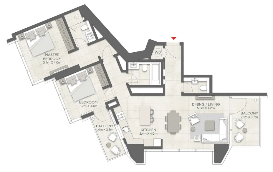 LIV Marina 2 bed floor plan, 1,308 – 1,309 sqft