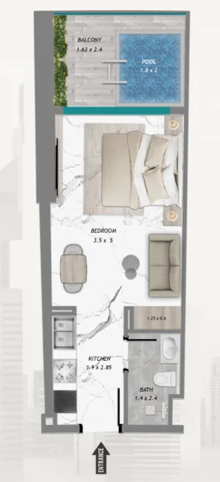 Samana Barari Heights Studio floor plan, 421 – 422 sqft