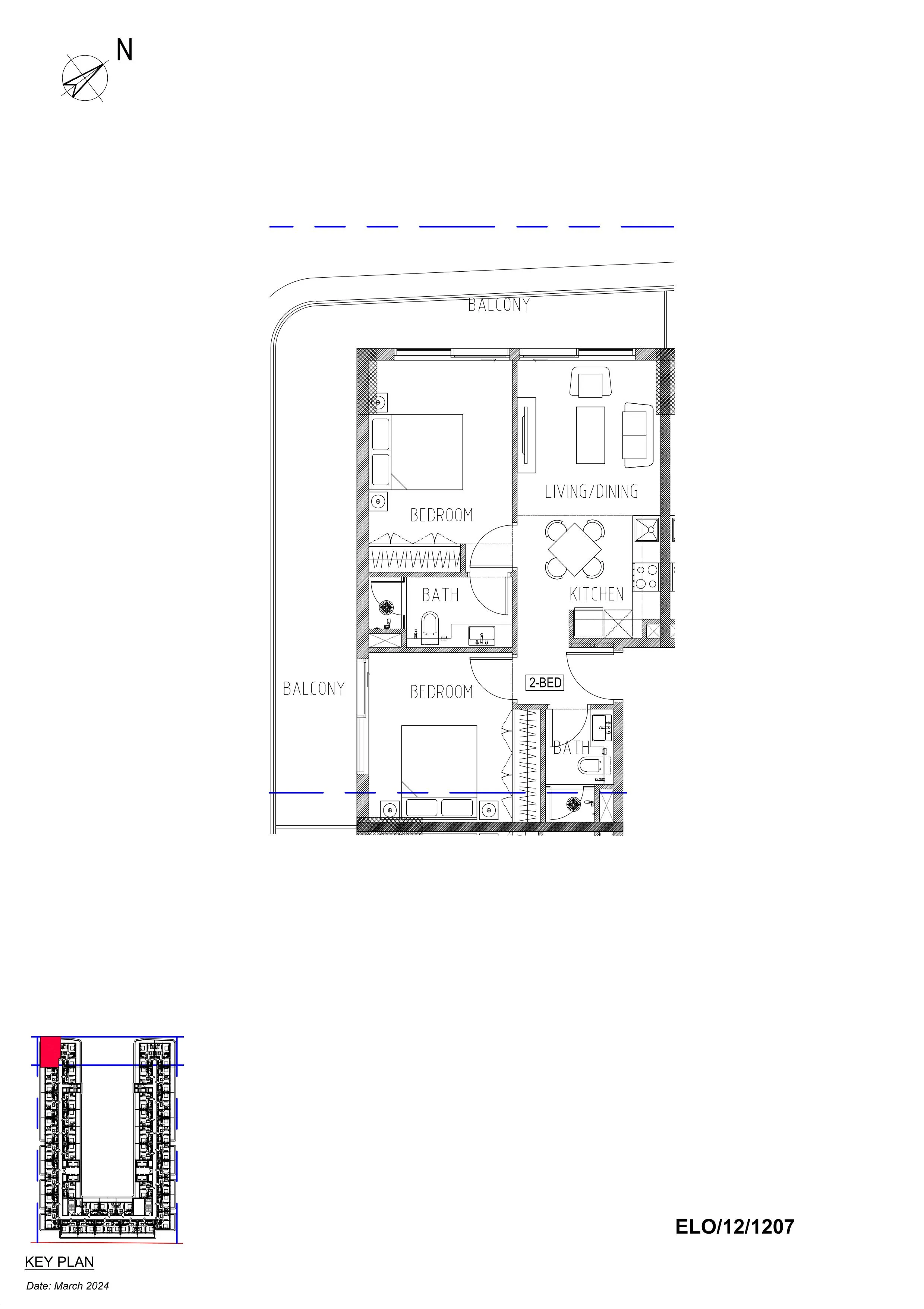 Elo Damac 2 bed floor plan, 1,022 sqft