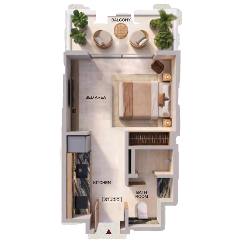 Binghatti Spectre Studio floor plan, 371 – 372 sqft