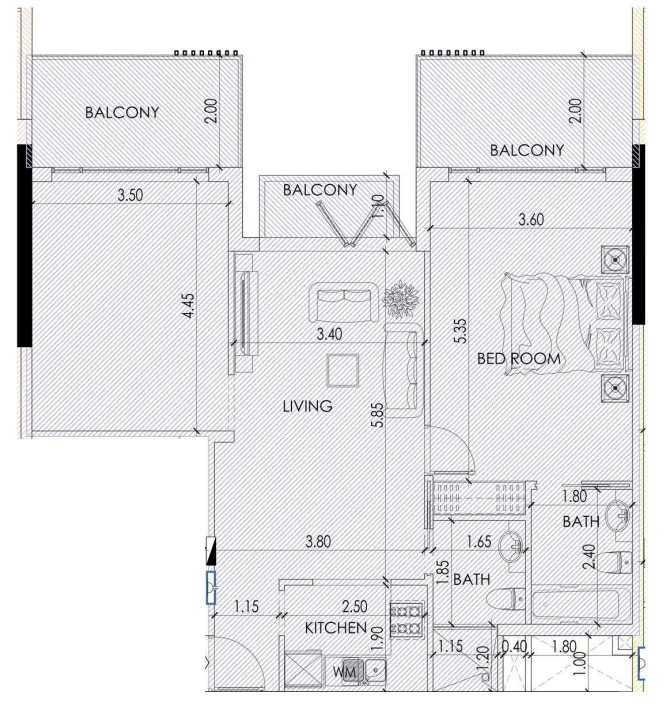 Alef Noon Residence 2 bed floor plan, 1,075 sqft