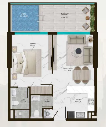 Samana Parkville 1 bed floor plan, 764 sqft