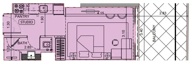 Project Maybach Studio floor plan, 402 sqft