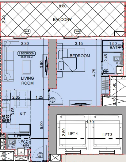 Binghatti Skyhall 1 bed floor plan, 835 sqft