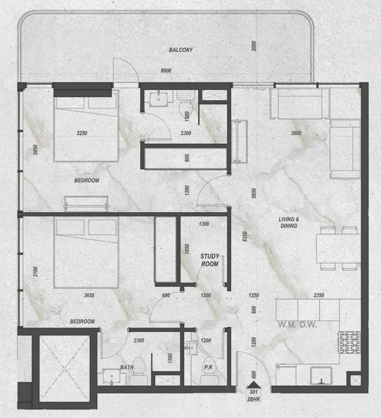 Zyra Hills 2 bed floor plan, 992 sqft