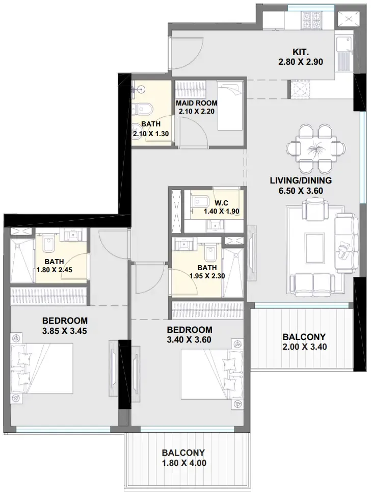 Ayaan Heights 1 2 bed floor plan, 1,294 sqft