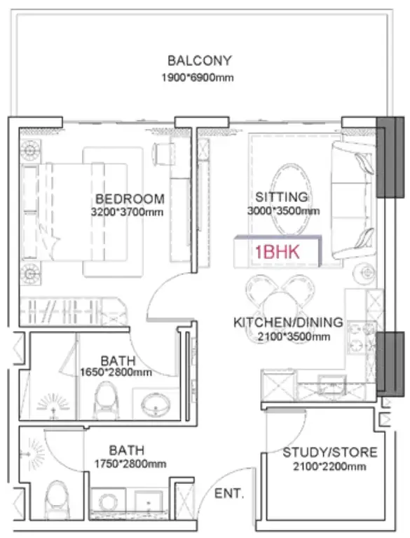 Listone Residence 1 bed floor plan, 677 – 716 sqft