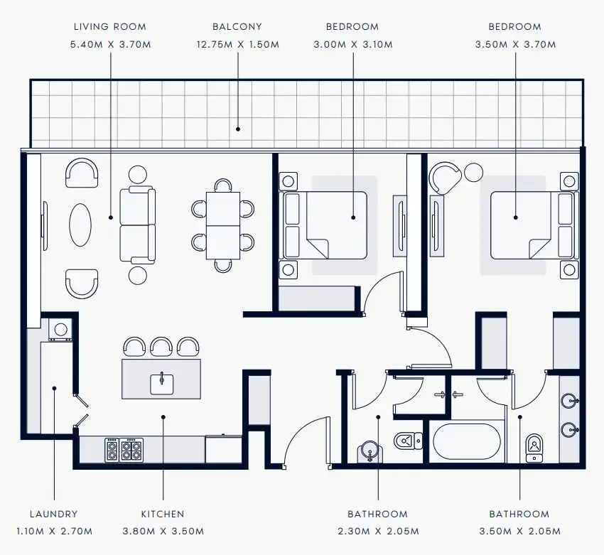 Riviera Rêve 2 bed floor plan, 1,241 – 1,243 sqft