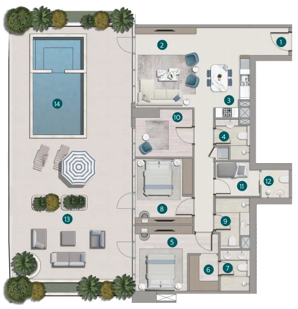 Flora Shore Beachside Residences 2 bed floor plan, 2,728 sqft