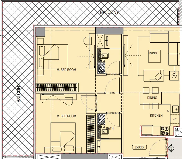 Binghatti Ivory 2 bed floor plan, 1,260 sqft