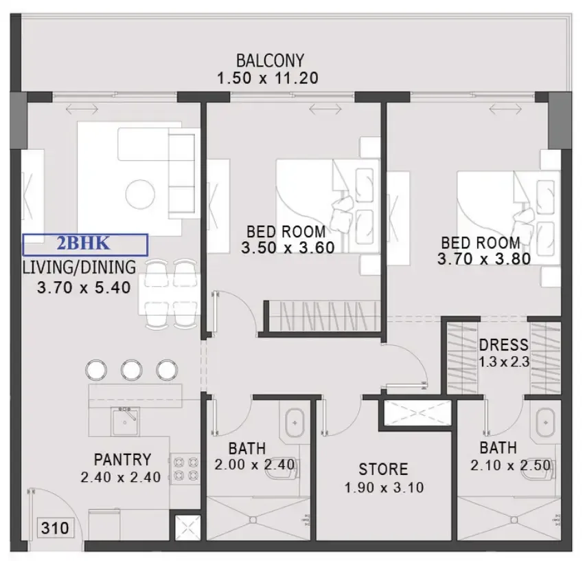 One By Preston 2 bed floor plan, 1,166 sqft