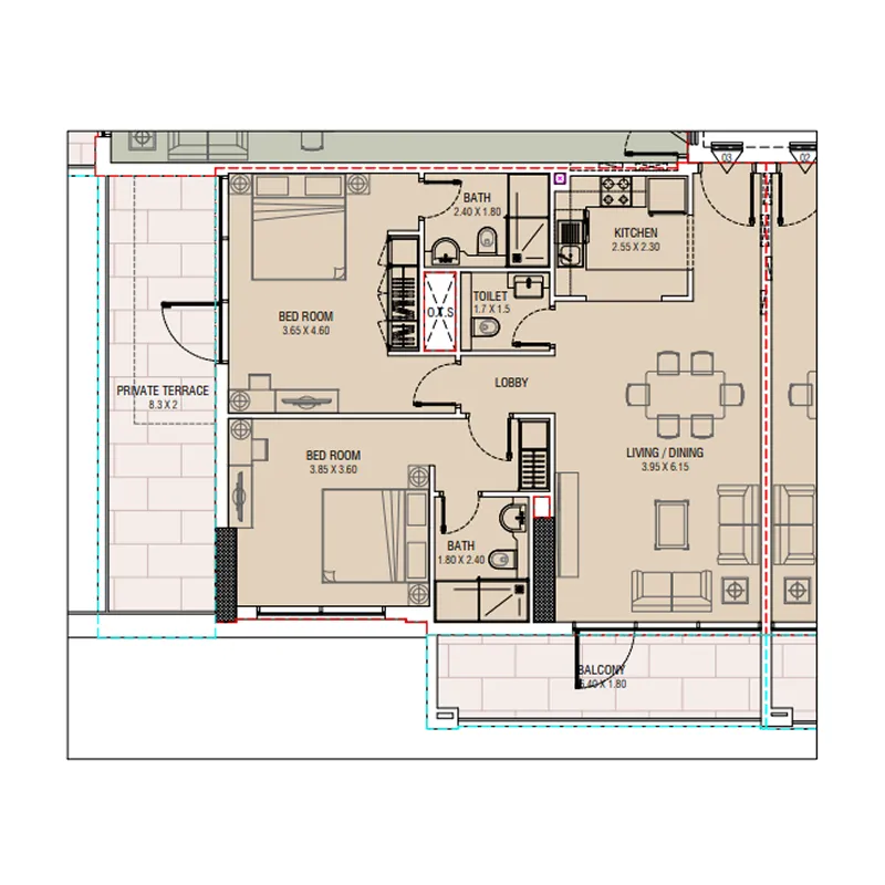 Al Waleed W.S 1 2 bed floor plan, 1,283 sqft
