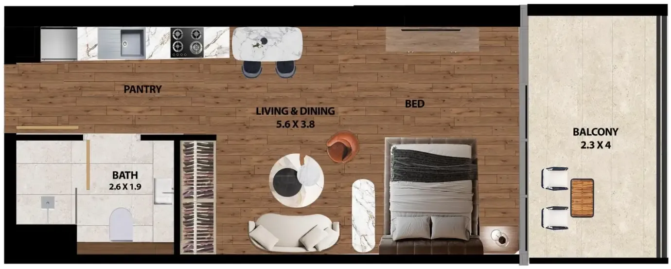 Marquis One Studio floor plan, 466 sqft