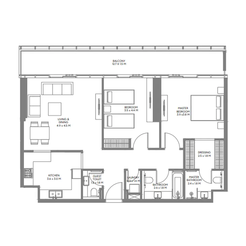 The Gate 6 2 bed floor plan, 1,265 – 1,283 sqft