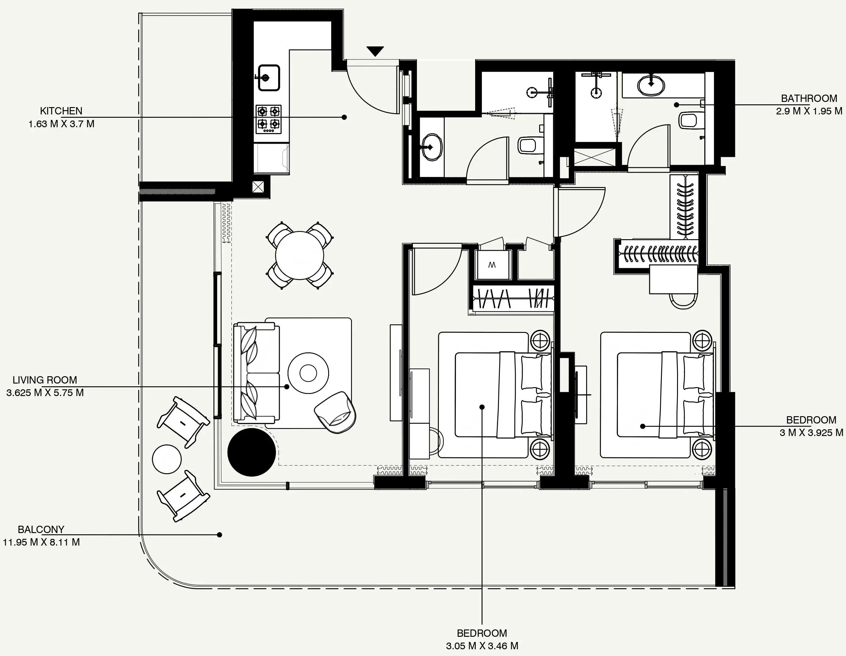 Azizi Venice 2 bed floor plan, 1,400 sqft