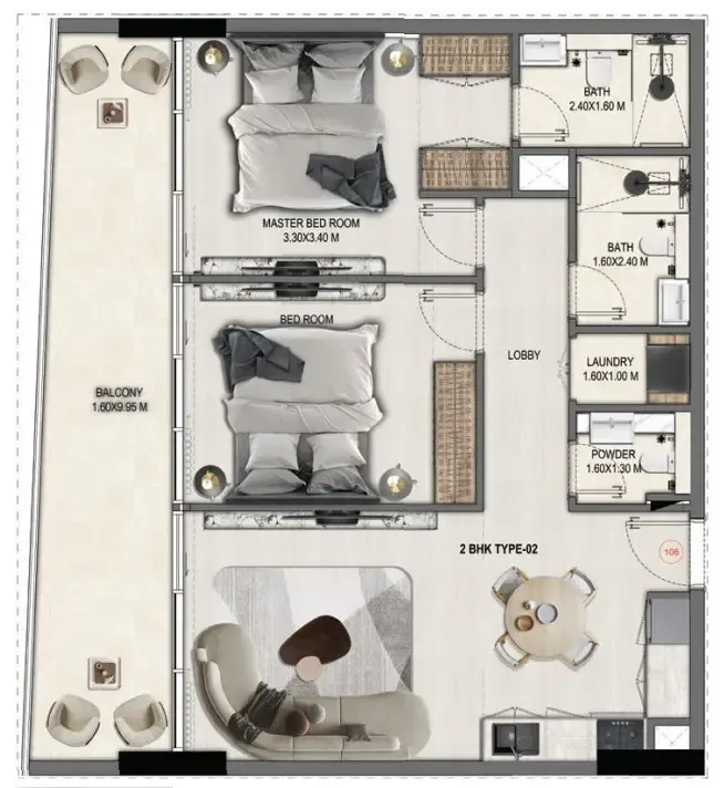 Divine Elements 2 bed floor plan, 1,024 – 1,069 sqft