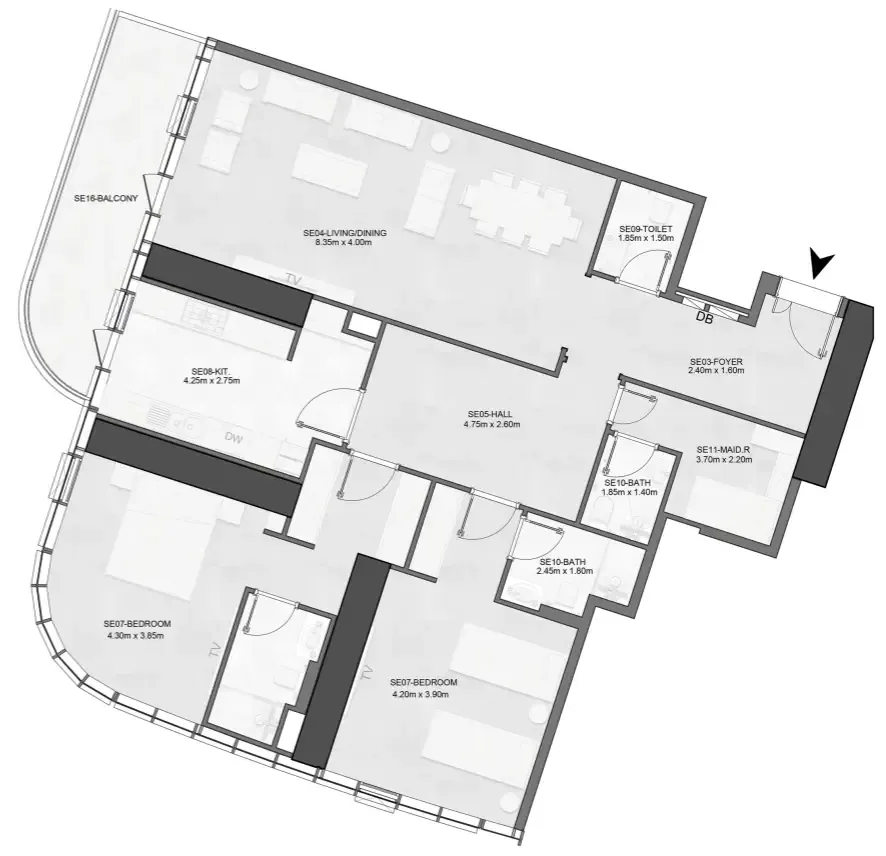 Joud Tower 2 bed floor plan, 1,817 sqft