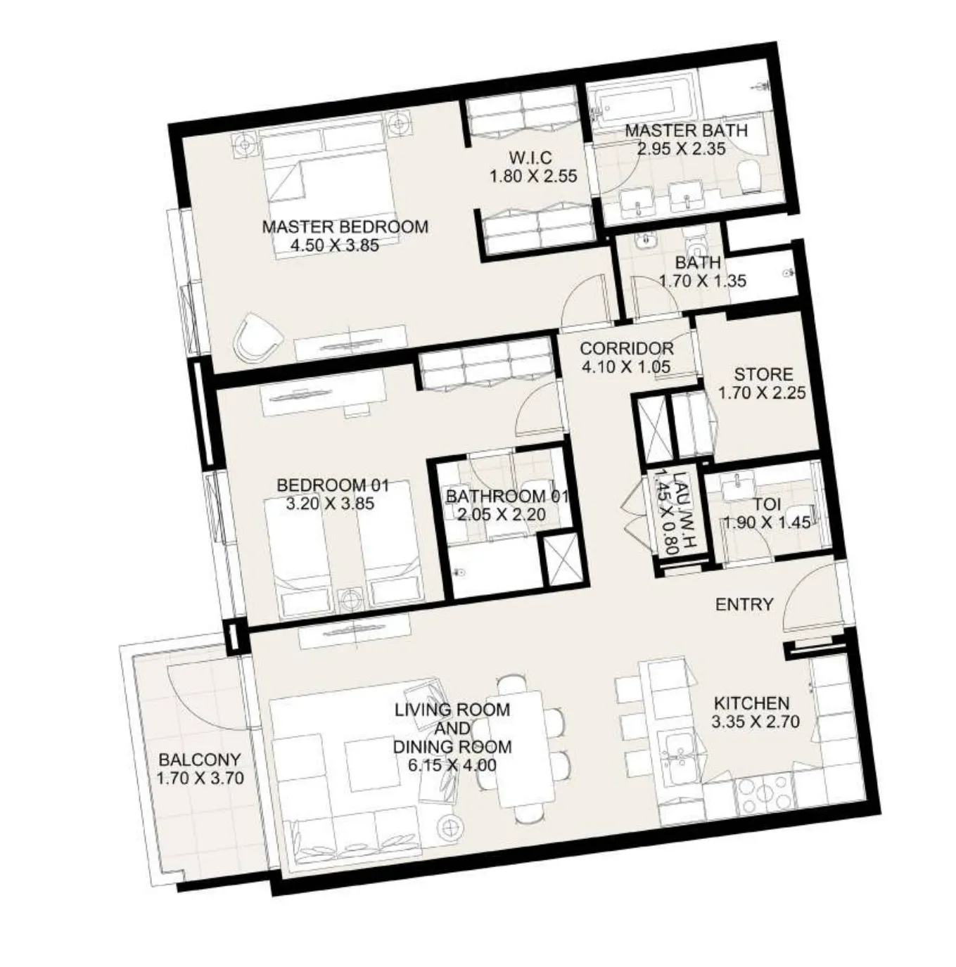 Canal Front Residences 3 and 4 2 bed floor plan, 1,340 sqft