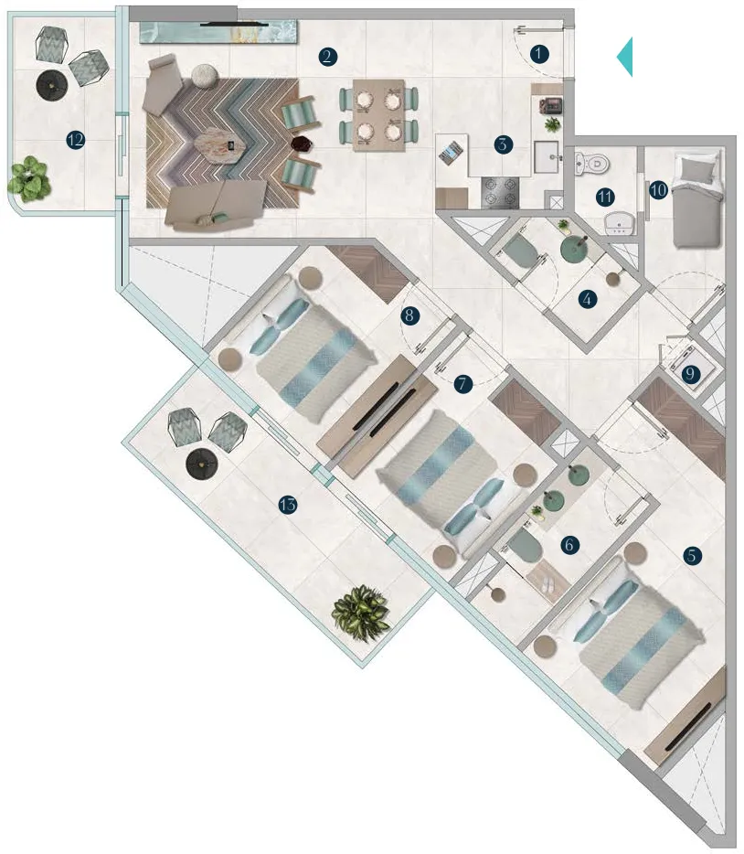 Octa Isle Interiors by Missoni 3 bed floor plan, 1,298 sqft
