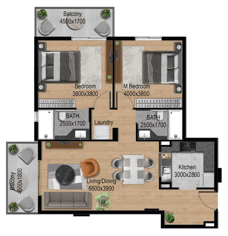 Manam Prime 2 bed floor plan, 1,125 sqft